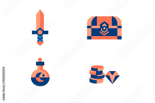 A set of four stylized fantasy game icons including a sword, a treasure chest, a potion bottle, and a stack of coins with a diamond, all rendered in a flat geometric vector style.