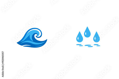 A blue stylized ocean wave icon and three water droplets falling into puddles are displayed against a solid black background. The graphic elements represent water and nature.