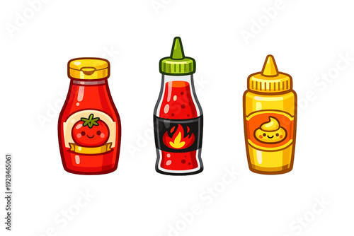 Three cute cartoon condiment bottles including ketchup with a smiling tomato, hot sauce with a flame, and mustard with a happy dollop are shown against a solid black background.