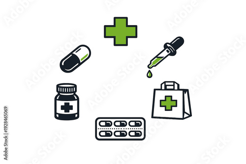 This illustration features various pharmaceutical symbols like a green cross, dropper, medicine bottle, and pill blister pack arranged in a circular layout on a black background.
