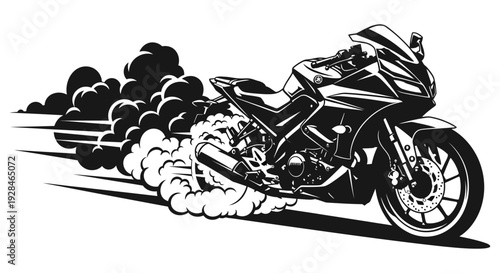 A dynamic black and white illustration of a speeding motorcycle leaving tire smoke