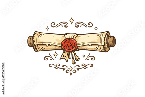 An illustration of an ancient rolled parchment scroll secured with a red wax seal featuring a hexagram symbol, surrounded by decorative flourishes and sparkles on a black background.