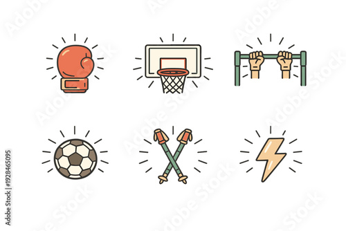 A collection of six stylized sports and fitness icons including a boxing glove, basketball hoop, pull-up bar, soccer ball, ski poles, and a lightning bolt on a black background.