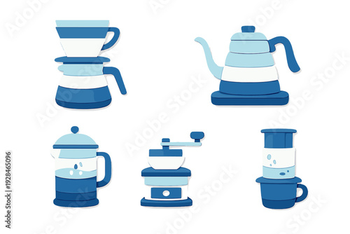 A collection of five stylized blue and white paper-cut illustrations of coffee brewing equipment, including a pour-over set, gooseneck kettle, French press, manual grinder, and aeropress.