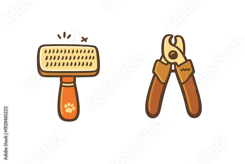A cartoon illustration of pet grooming tools featuring a brown and orange brush with a paw print and a pair of nail clippers, set against a solid black background.