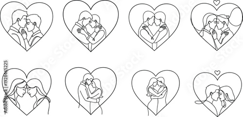 Romantic couple heart silhouettes, diverse love illustration, inclusive relationship artwork, affectionate line art design, kissing and embracing figures, emotional connection drawing
