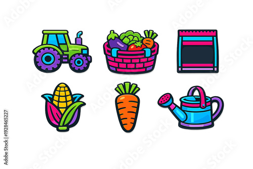 A collection of six vibrant neon-style farming and gardening icons including a tractor, vegetable basket, seed packet, corn, carrot, and watering can on a black background.