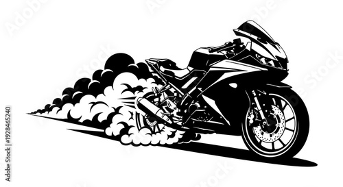 Stylized black and white illustration of a speeding sport motorcycle with smoke trails