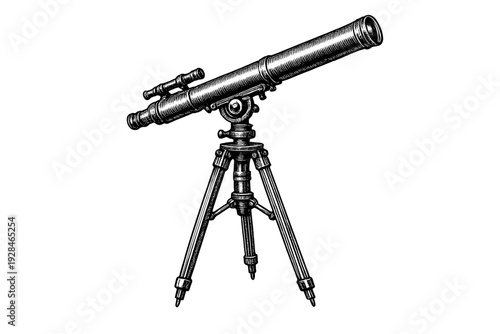 A detailed black and white illustration of a vintage refractor telescope mounted on a sturdy tripod, isolated against a solid black background in a classic woodcut style.