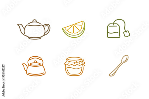 A collection of six minimalist line art icons featuring a teapot, lemon slice, tea bag, kettle, honey jar, and a spoon, all set against a solid black background for a clean look.