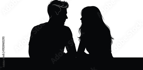 Romantic couple silhouette, intimate conversation artwork, black and white design, emotional connection illustration, people sitting together, love relationship concept