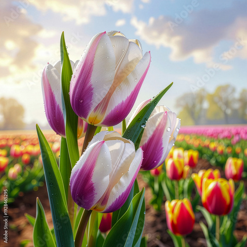 A stunning close-up of beautiful white and purple tulips covered in morning dew. In the background, a vast and colorful tulip field blossoms under a picturesque sunrise. A perfect symbol of spring.