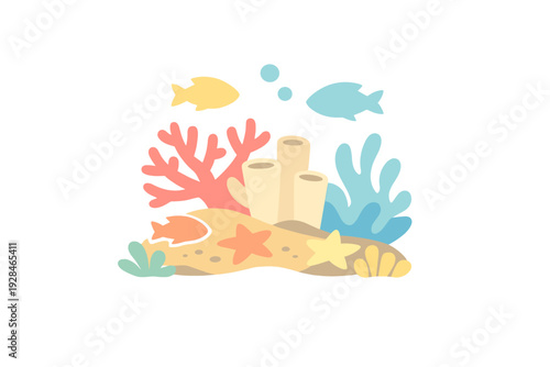 A flat vector illustration of an underwater scene featuring colorful coral reefs, swimming fish, starfish, and sea sponges on a sandy seabed against a black background.