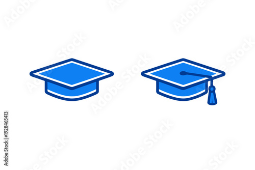 Two blue graduation caps are displayed against a solid black background. One mortarboard features a tassel hanging from the side, while the other is shown without any additional details.
