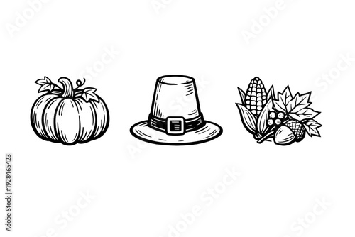 A set of three white line art illustrations on a black background featuring a pumpkin, a pilgrim hat, and a harvest arrangement with corn and an acorn for Thanksgiving themes.