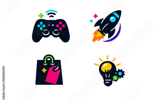 A set of four vibrant icons on a black background featuring a game controller, a launching rocket, a shopping bag with a tag, and a glowing light bulb with mechanical gears.