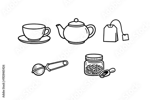 This minimalist line art set includes a teapot, a teacup on a saucer, a tea bag, a mesh infuser, and a glass jar filled with loose tea leaves and a small scoop.