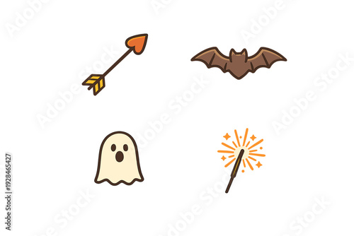 A collection of four cartoon icons featuring a heart-tipped arrow, a brown bat, a surprised ghost, and a glowing sparkler set against a solid black background in a flat design style.