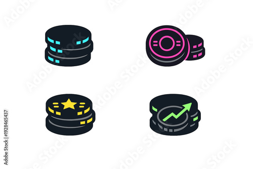 A set of four stylized coin stack icons featuring neon accents in cyan, pink, yellow, and green. Each icon represents a different financial or gaming concept on a dark background.