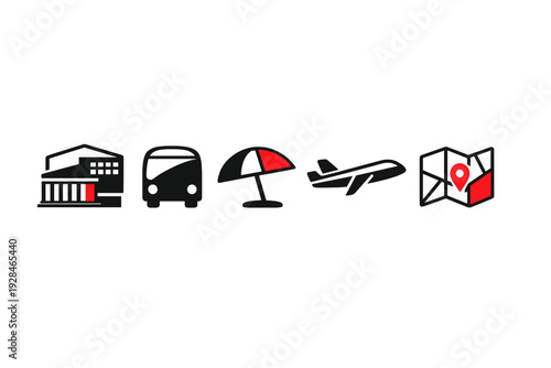 Five stylized travel and tourism icons featuring a museum, bus, sun umbrella, airplane, and map with a pin, designed in a black and red color palette on a solid black background.