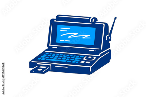 A blue stylized illustration of a retro portable computer featuring a screen, keyboard, and an antenna. A floppy disk is partially inserted into the side drive of the device.