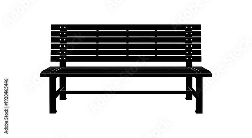 A minimalist black silhouette of a wooden park bench isolated on a white background