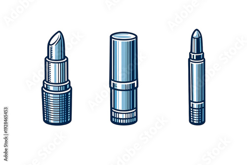 Three stylized blue illustrations of cosmetic products including a lipstick, a closed tube, and a lip crayon are displayed against a solid black background in a graphic art style.