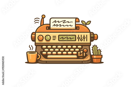 A stylized illustration of a vintage typewriter with a piece of paper, a steaming cup of coffee, and a small potted cactus on a black background. Warm tones and retro design.