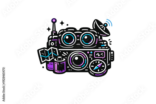 A stylized neon illustration of a camera integrated with travel gear like binoculars, a map, a compass, and a film roll, set against a solid black background.