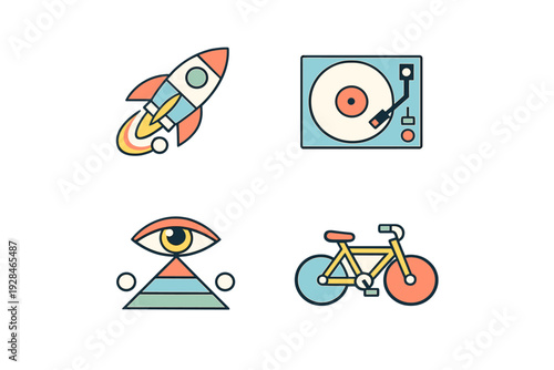 A set of four minimalist flat icons featuring a rocket ship, a vinyl record player, an eye above a pyramid, and a bicycle, all designed with a retro color palette on a black background.