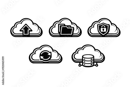 A set of five white cloud computing icons on a black background representing upload, file storage, security, synchronization, and database management in a minimalist style.