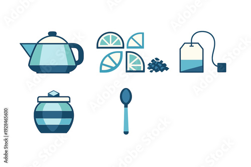 This minimalist vector illustration displays various tea-related icons including a teapot, lemon wedges, a tea bag, and a spoon, all rendered in shades of blue on a dark background.