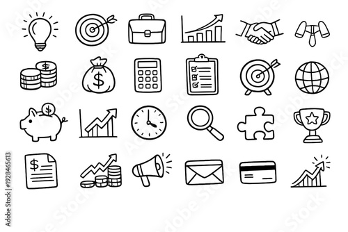 A collection of twenty-four hand-drawn business and finance icons in white line art on a black background, featuring symbols for money, growth, strategy, and communication.