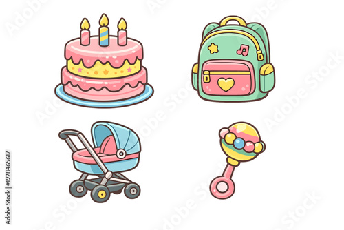 A collection of four cute cartoon icons featuring a pink birthday cake with candles, a mint green backpack, a blue baby stroller, and a colorful rattle on a black background.