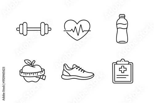 A collection of six minimalist white line icons on a black background representing health and fitness, including a dumbbell, heart pulse, water bottle, apple, sneaker, and medical clipboard.