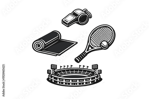 A black and white circular illustration featuring icons of a sports whistle, a rolled yoga mat, a tennis racket with a ball, and a large stadium with floodlights and flags.