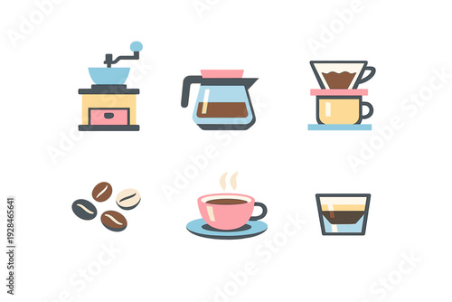 A collection of six flat design coffee icons including a manual grinder, a carafe, a pour-over set, coffee beans, a steaming cup on a saucer, and a layered espresso glass.