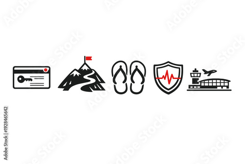 A set of five travel-related icons featuring a hotel key card, mountain hiking trail, flip-flops, medical insurance shield, and an airport terminal with a plane taking off.