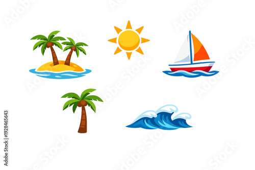 A collection of summer-themed illustrations featuring palm trees on an island, a bright sun, a sailboat on the water, and ocean waves, all set against a solid black background.
