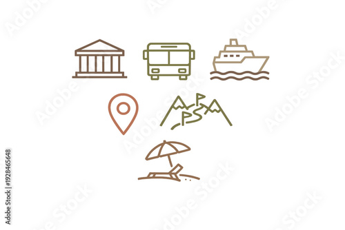 A collection of six minimalist travel icons including a bus, a cruise ship, a museum building, a location pin, mountains with a GPS path, and a beach umbrella on a black background.