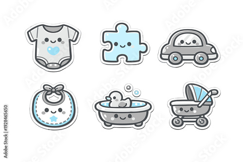 Six adorable baby-related icons including a bodysuit, puzzle, car, bib, bathtub, and stroller. The stickers feature cute smiley faces and a soft blue and gray color palette on black.