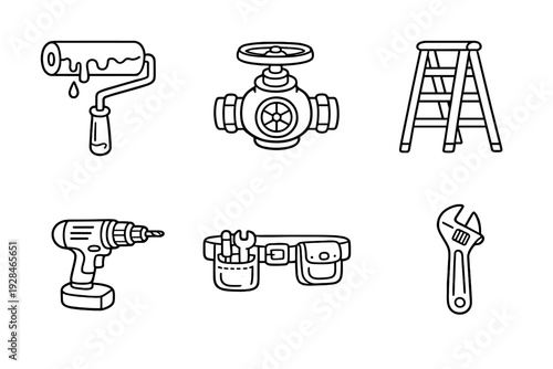 A collection of six white line art icons on a black background featuring home improvement tools like a paint roller, valve, ladder, power drill, tool belt, and an adjustable wrench.