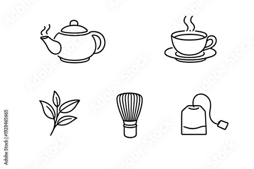 A collection of five minimalist white line art icons on a black background featuring a steaming teapot, a teacup on a saucer, tea leaves, a matcha whisk, and a tea bag.