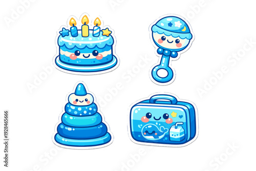 A set of four cute blue stickers featuring a smiling birthday cake with candles, a baby rattle, a stacking ring toy, and a small suitcase with a whale illustration on a black background.