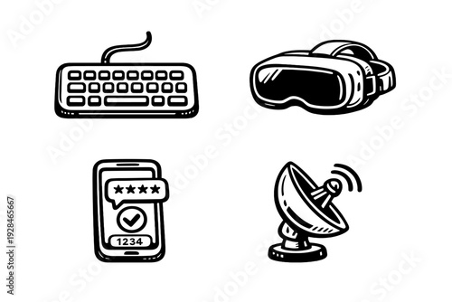 A collection of four white hand-drawn icons on a black background featuring a computer keyboard, a virtual reality headset, a smartphone with a security pin, and a satellite dish.