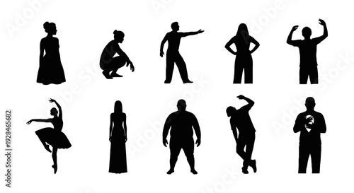 Silhouettes of diverse people in various poses against a white background