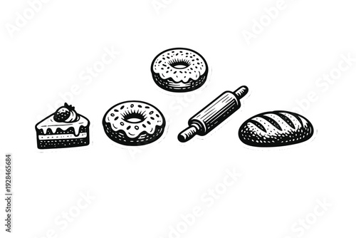 A collection of black and white woodcut-style bakery illustrations including a slice of cake, two glazed donuts, a rolling pin, and a loaf of bread on a black background.