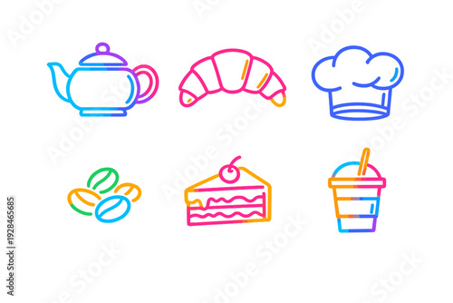 A collection of six neon style icons featuring a teapot, croissant, chef hat, coffee beans, cake slice, and a takeaway drink cup set against a solid black background.