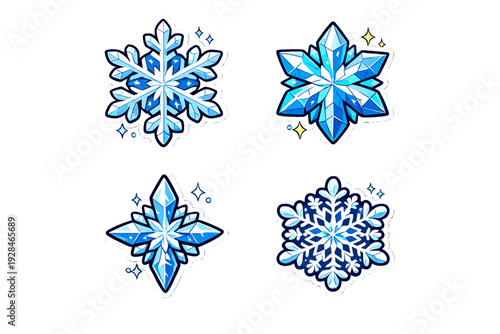 Four unique crystalline snowflake icons featuring shades of blue and white with a sticker-style border and small sparkles, isolated on a black background.