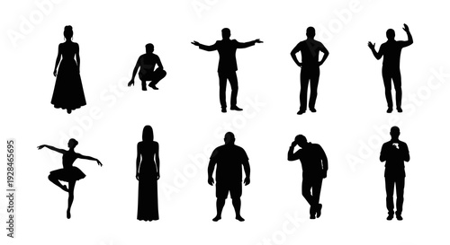 Silhouettes of diverse people in various poses against a white background